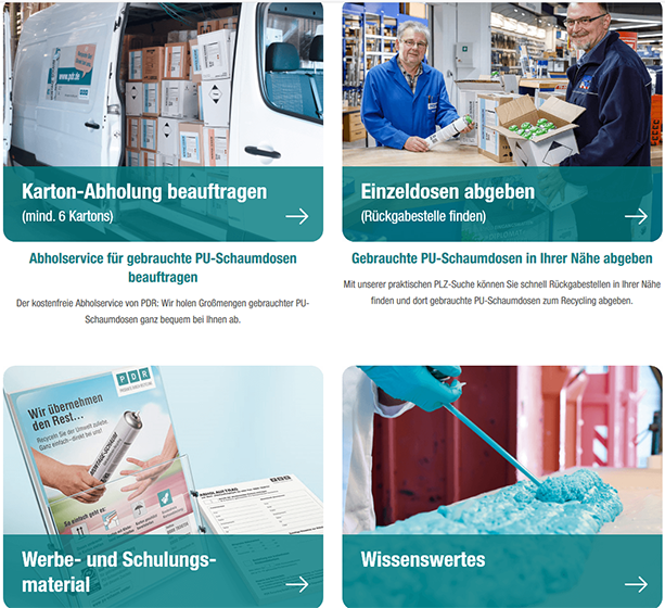 PDR-Homepage mit neuem Layout für PU-Schaumdosenrecycling